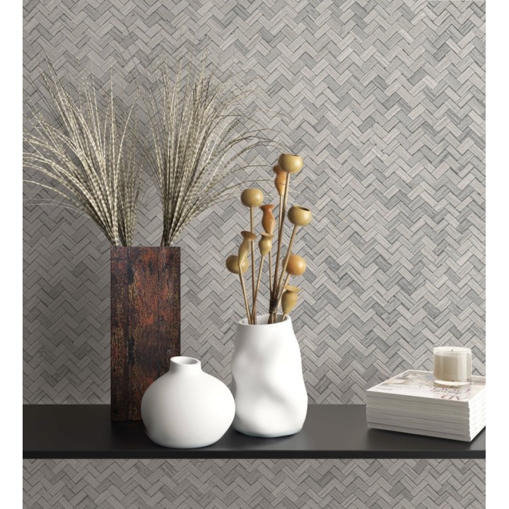 Papel pintado efecto ratán bambú gris visón trenzado espiga - Savile Rattan 685241