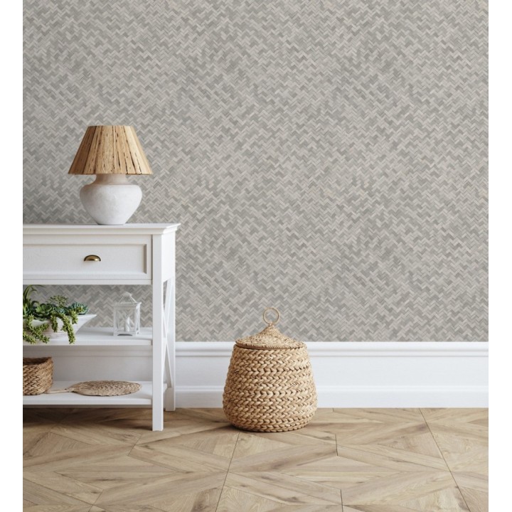 Papel pintado efecto ratán bambú gris visón trenzado espiga - Savile Rattan 685241