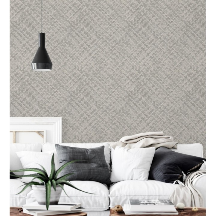 Papel pintado efecto ratán bambú gris visón trenzado espiga - Savile Rattan 685241