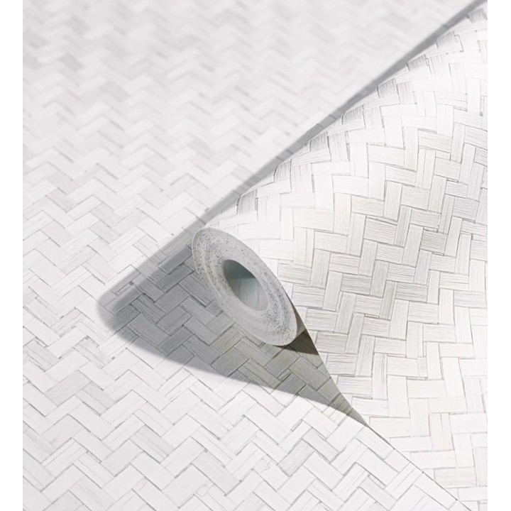 Papel pintado efecto ratán bambú blanco trenzado espiga - Savile Rattan 685242