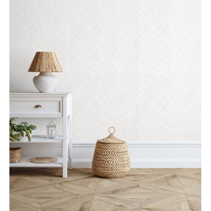 Papel pintado efecto ratán bambú blanco trenzado espiga - Savile Rattan 685242