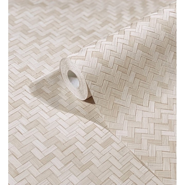 Papel pintado efecto ratán bambú tono nude trenzado espiga - Savile Rattan 685243