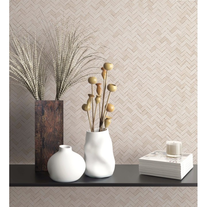 Papel pintado efecto ratán bambú tono nude trenzado espiga - Savile Rattan 685243