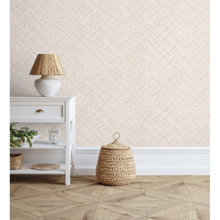 Papel pintado efecto ratán bambú tono nude trenzado espiga - Savile Rattan 685243
