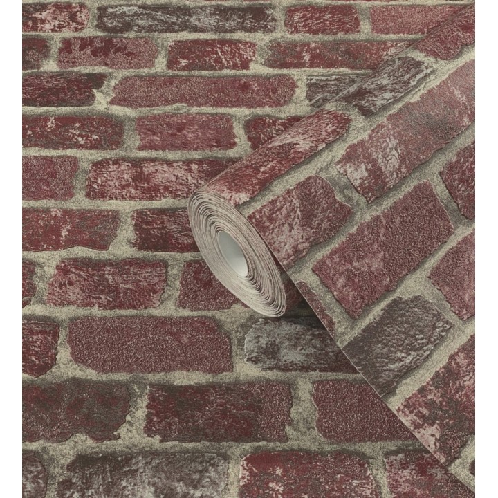 Papel pintado muro de ladrillos rojo granate relieve y tacto arenoso - Salem Brick 685247