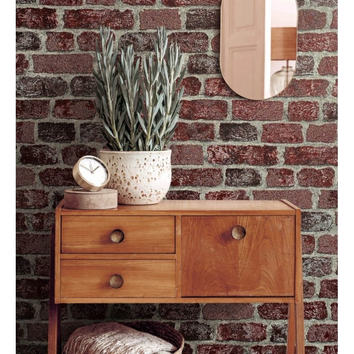 Papel pintado muro de ladrillos rojo granate relieve y tacto arenoso - Salem Brick 685247