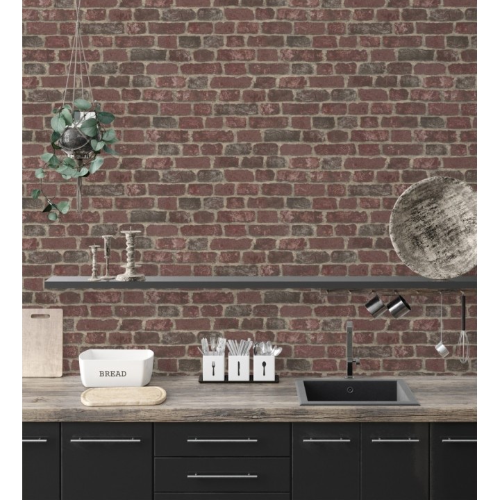 Papel pintado muro de ladrillos rojo granate relieve y tacto arenoso - Salem Brick 685247
