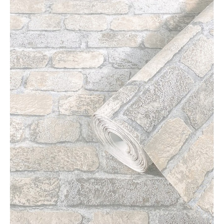 Papel pintado muro de ladrillos gris y beige relieve y tacto arenoso - Salem Brick 685250