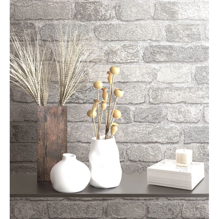 Papel pintado muro de ladrillos gris y beige relieve y tacto arenoso - Salem Brick 685250