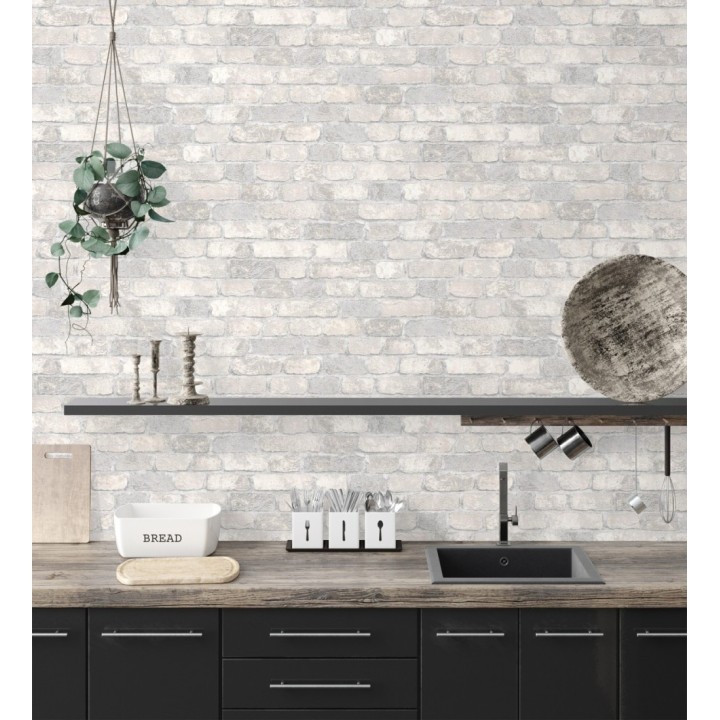 Papel pintado muro de ladrillos gris y beige relieve y tacto arenoso - Salem Brick 685250