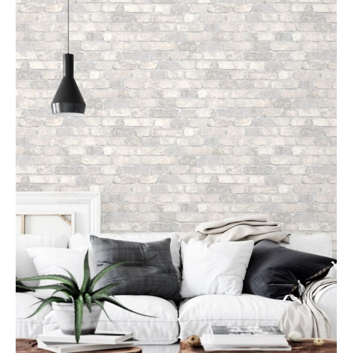 Papel pintado muro de ladrillos gris y beige relieve y tacto arenoso - Salem Brick 685250