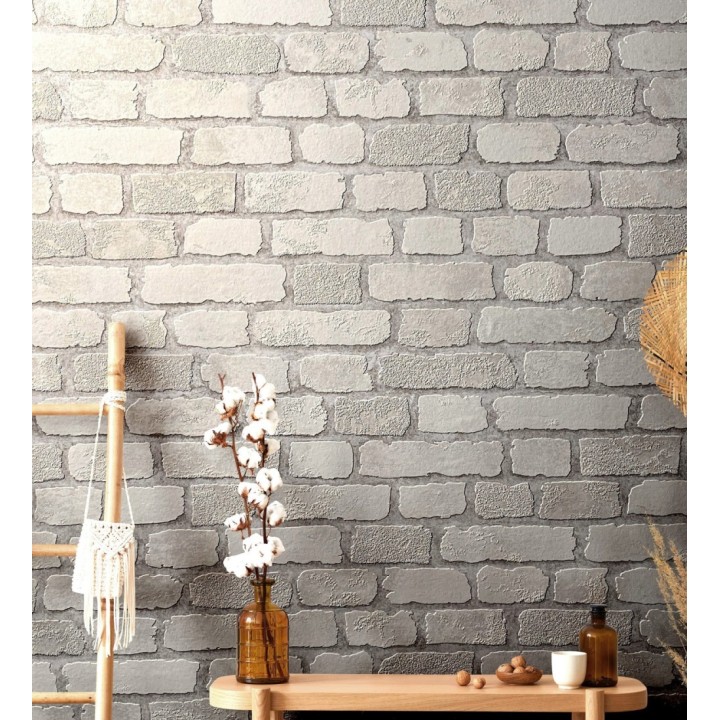 Papel pintado muro de ladrillos blanco roto relieve y tacto arenoso - Salem Brick 685251