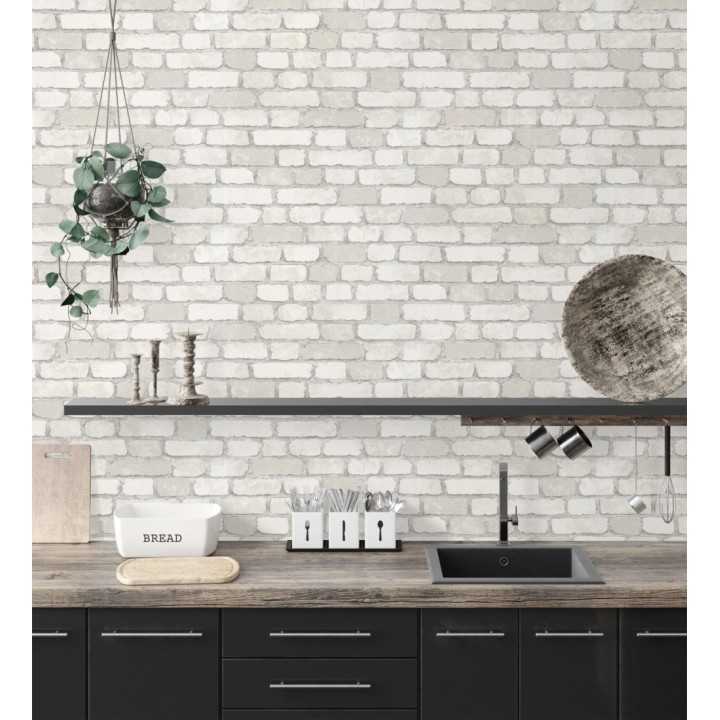 Papel pintado muro de ladrillos blanco roto relieve y tacto arenoso - Salem Brick 685251