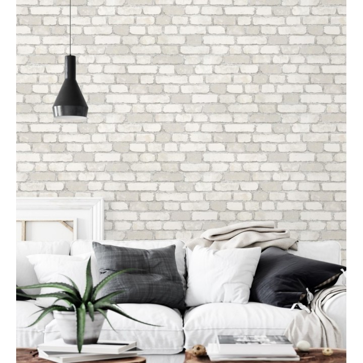 Papel pintado muro de ladrillos blanco roto relieve y tacto arenoso - Salem Brick 685251