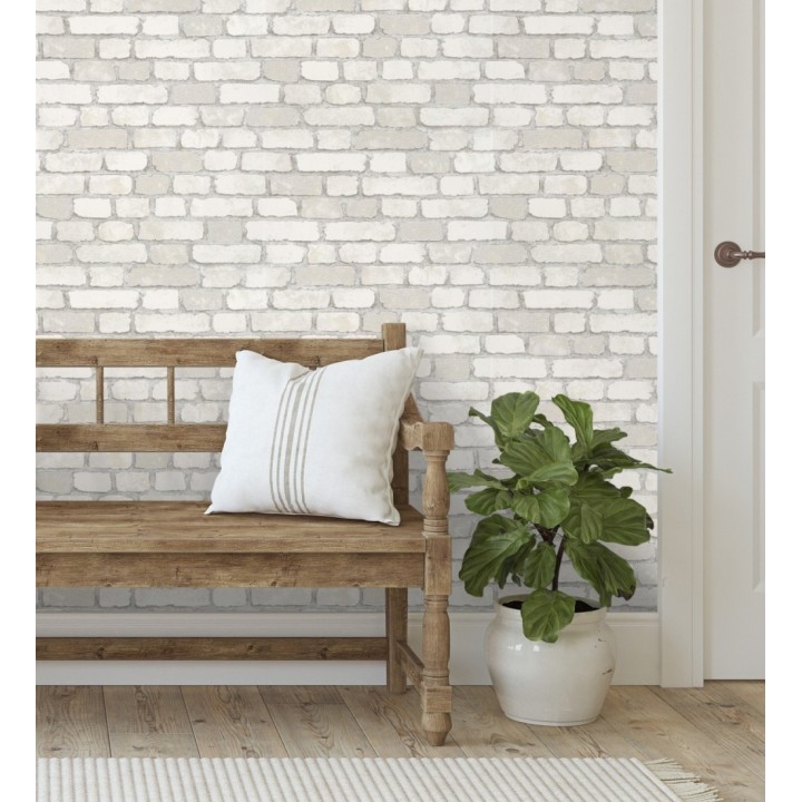 Papel pintado muro de ladrillos blanco roto relieve y tacto arenoso - Salem Brick 685251