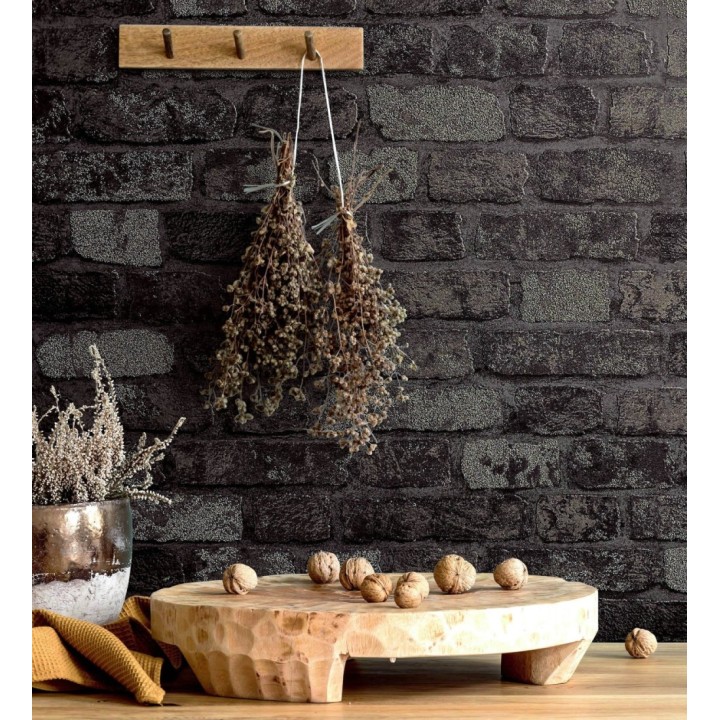 Papel pintado muro de ladrillos tono antracita relieve y tacto arenoso - Salem Brick 685252