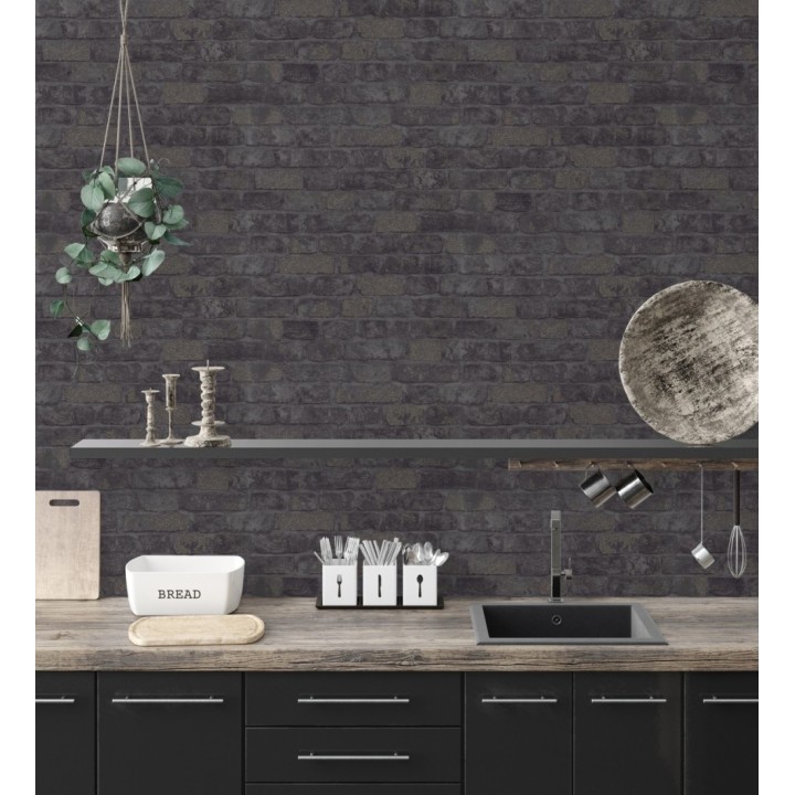 Papel pintado muro de ladrillos tono antracita relieve y tacto arenoso - Salem Brick 685252