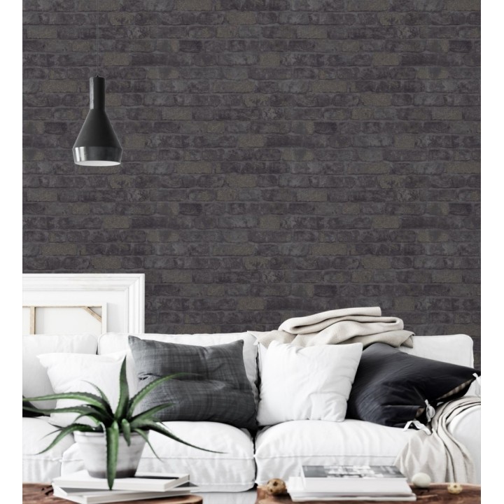 Papel pintado muro de ladrillos tono antracita relieve y tacto arenoso - Salem Brick 685252