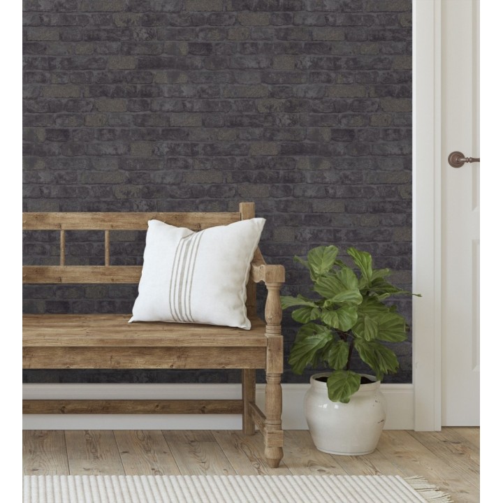 Papel pintado muro de ladrillos tono antracita relieve y tacto arenoso - Salem Brick 685252