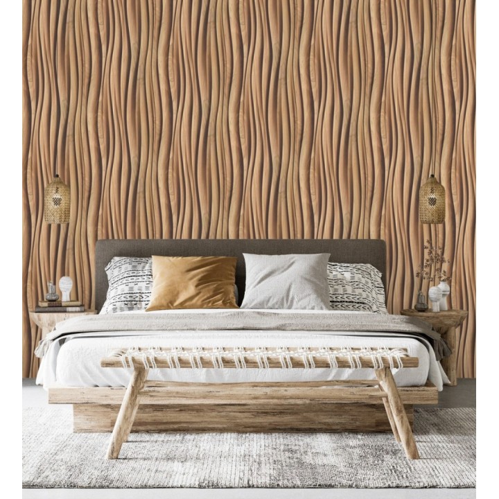 Papel pintado madera de Teca 3D ondas de fresno natural moderno - Kobe Drift 685257