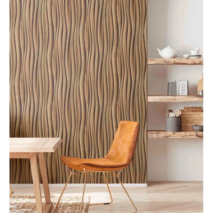 Papel pintado madera de Teca 3D ondas de fresno natural moderno - Kobe Drift 685257