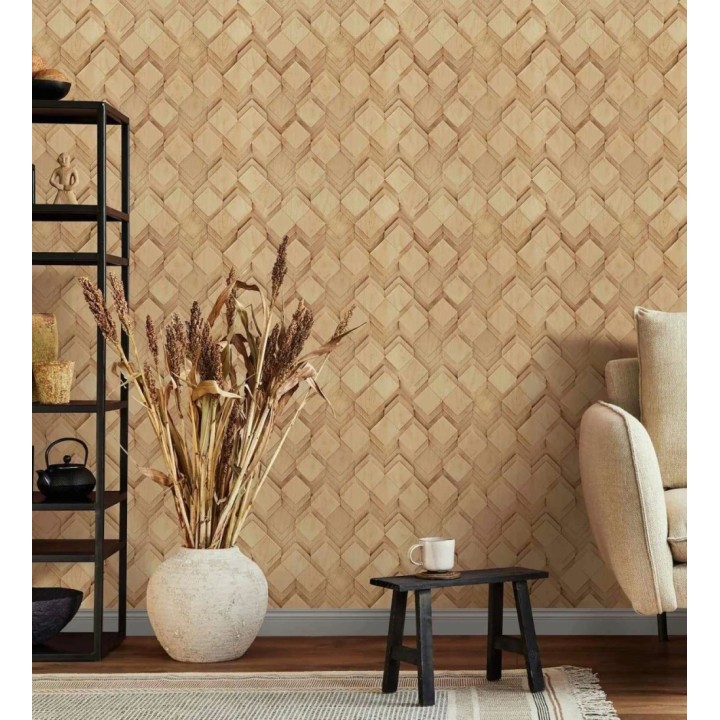 Papel pintado rombos de madera roble natural efecto escultórico 3D - Marcus Facet 685260