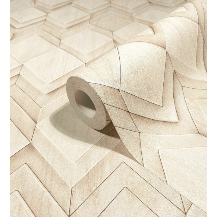 Papel pintado rombos de madera haya cálida efecto escultórico 3D - Marcus Facet 685261