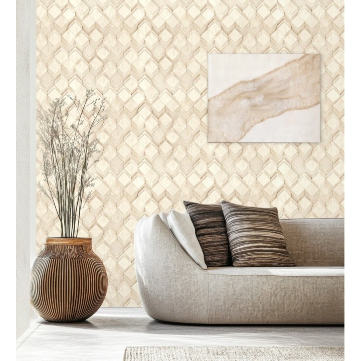 Papel pintado rombos de madera haya cálida efecto escultórico 3D - Marcus Facet 685261