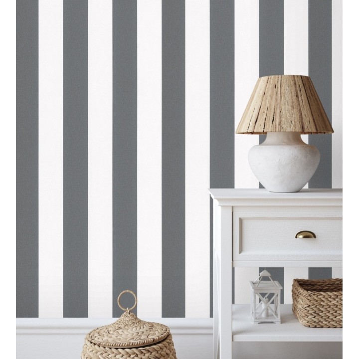 Papel pintado de rayas negras y blanca textura textil suave - Soren Stripe 685272