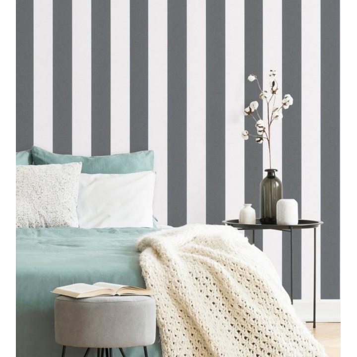 Papel pintado de rayas negras y blanca textura textil suave - Soren Stripe 685272