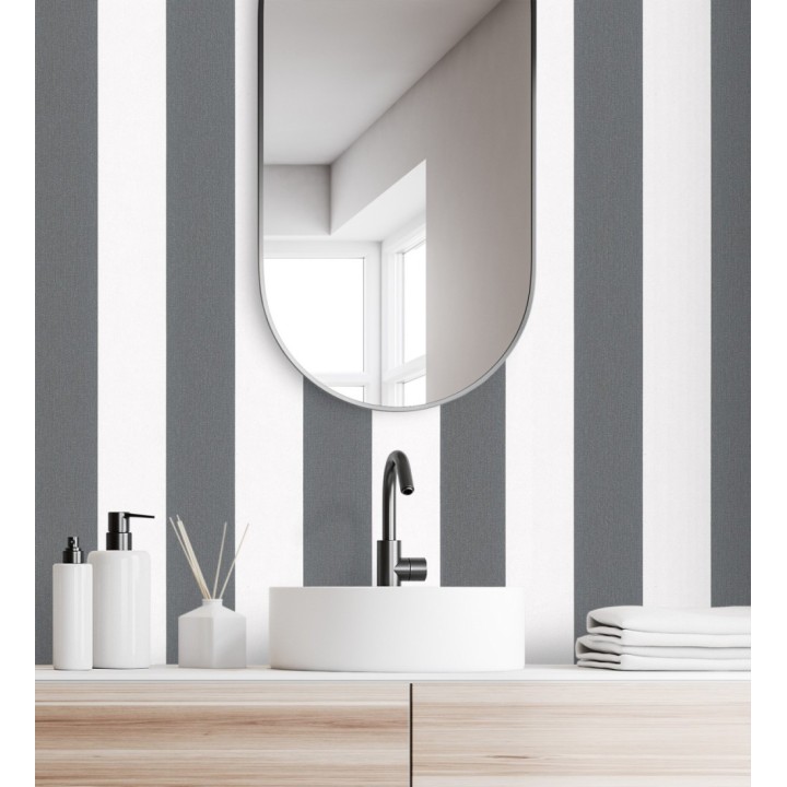 Papel pintado de rayas negras y blanca textura textil suave - Soren Stripe 685272