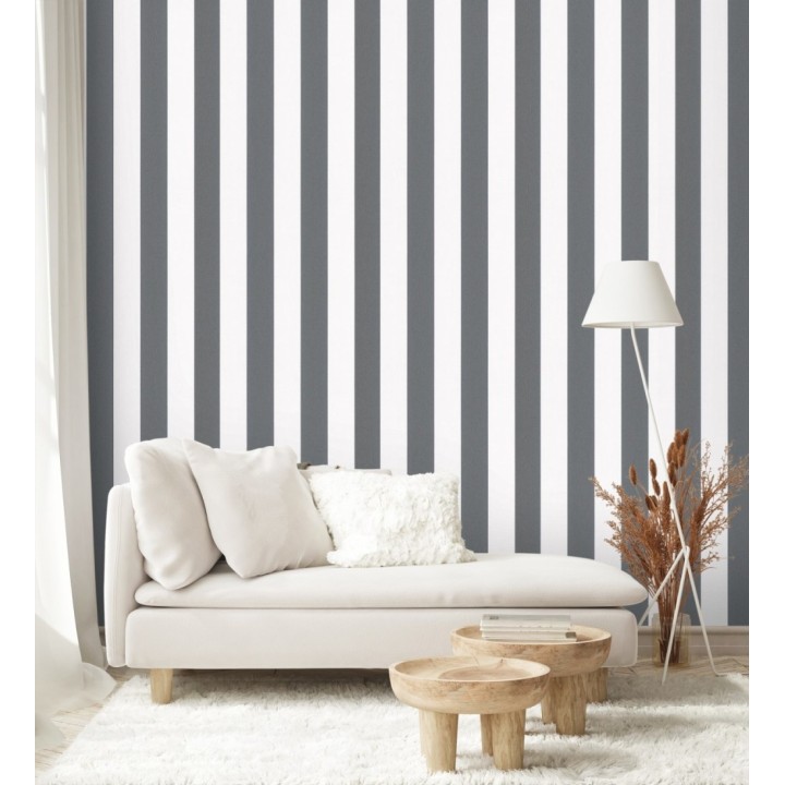 Papel pintado de rayas negras y blanca textura textil suave - Soren Stripe 685272