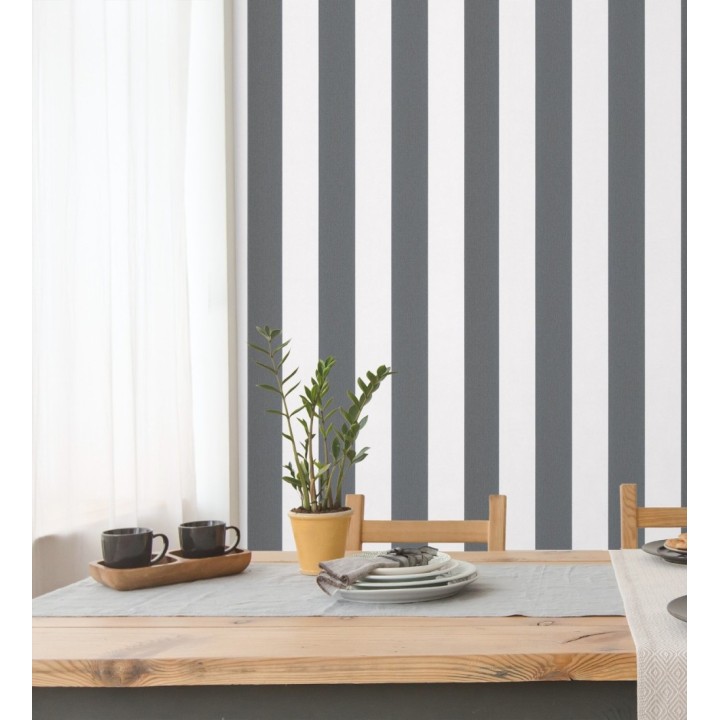 Papel pintado de rayas negras y blanca textura textil suave - Soren Stripe 685272