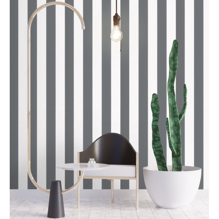 Papel pintado de rayas negras y blanca textura textil suave - Soren Stripe 685272