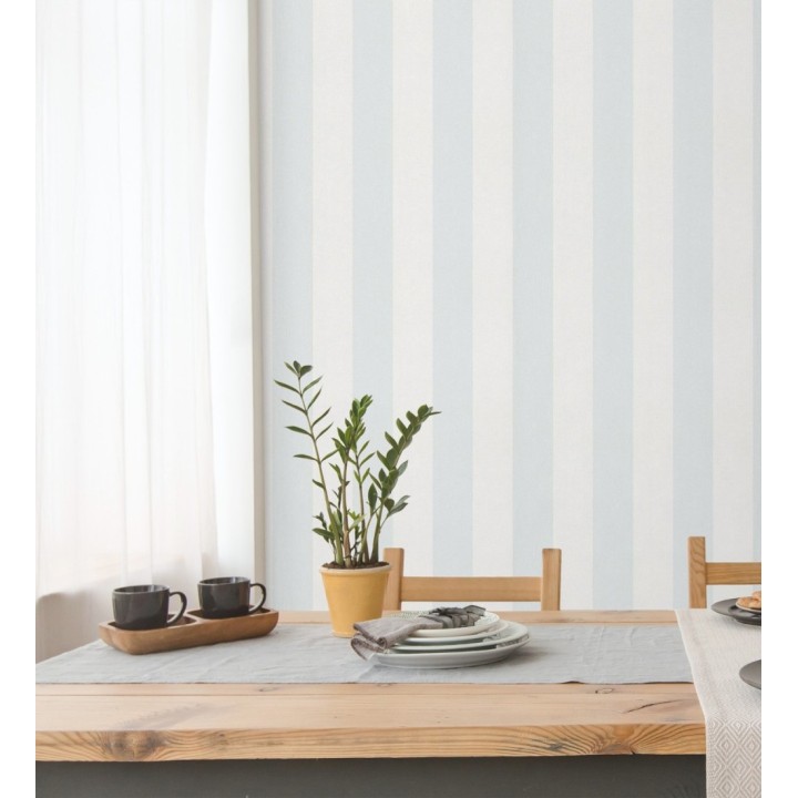 Papel pintado de rayas celeste y blanca textura textil suave - Soren Stripe 685274