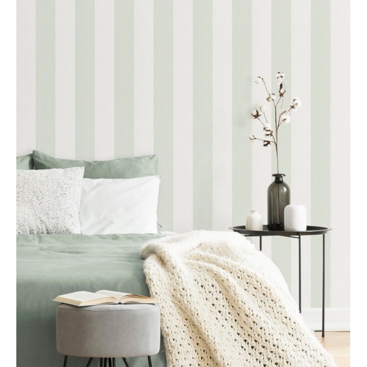 Papel pintado de rayas verdes y blanca textura textil suave - Soren Stripe 685275