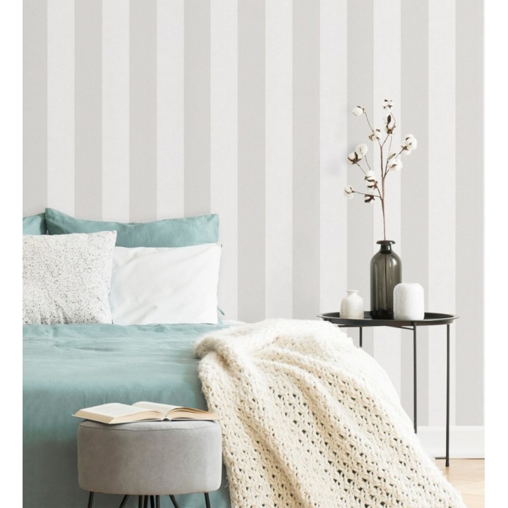 Papel pintado de rayas greige y blanca textura textil suave - Soren Stripe 685276