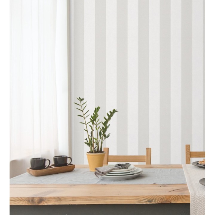 Papel pintado de rayas greige y blanca textura textil suave - Soren Stripe 685276