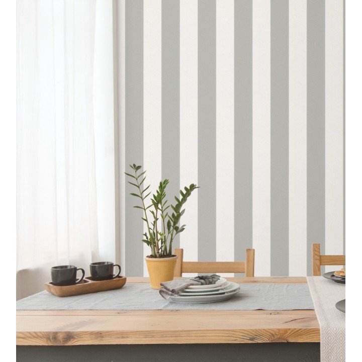 Papel pintado de rayas gris visón y blanca textura textil suave - Soren Stripe 685277