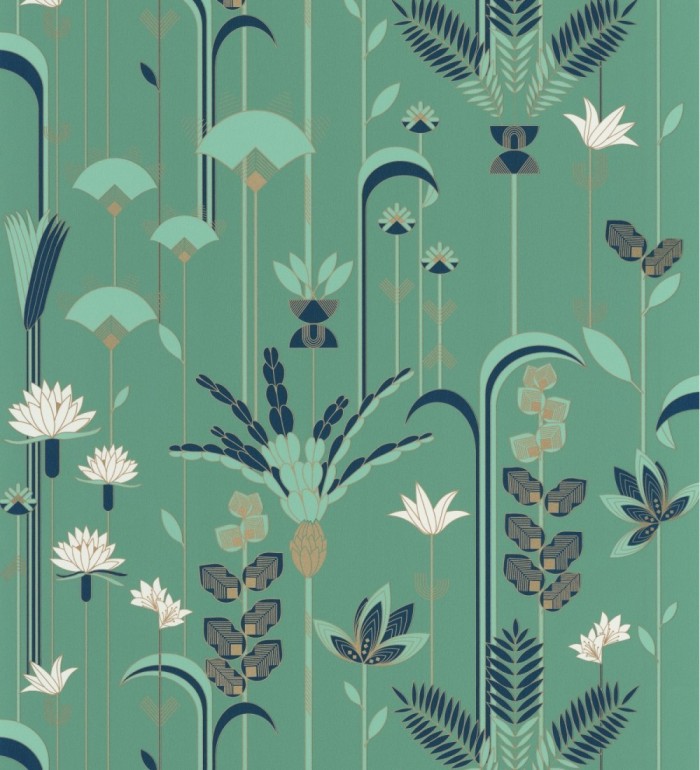 Papel pintado de flores y hojas art decó - Tokyo Garden 126826