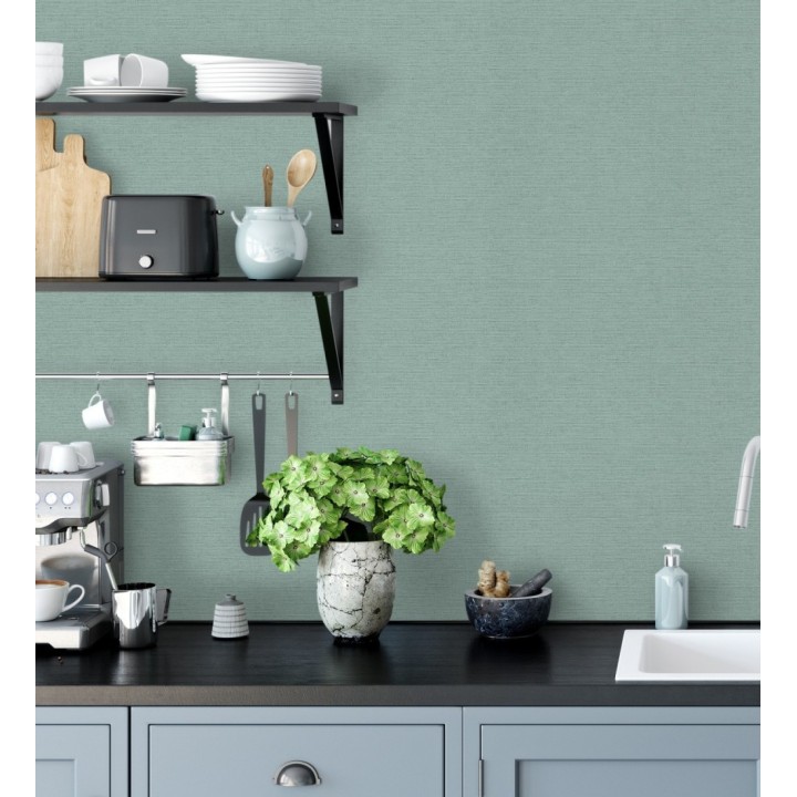 Papel pintado liso con textura lienzo pintado color verde agua - Brighton Teal 685310