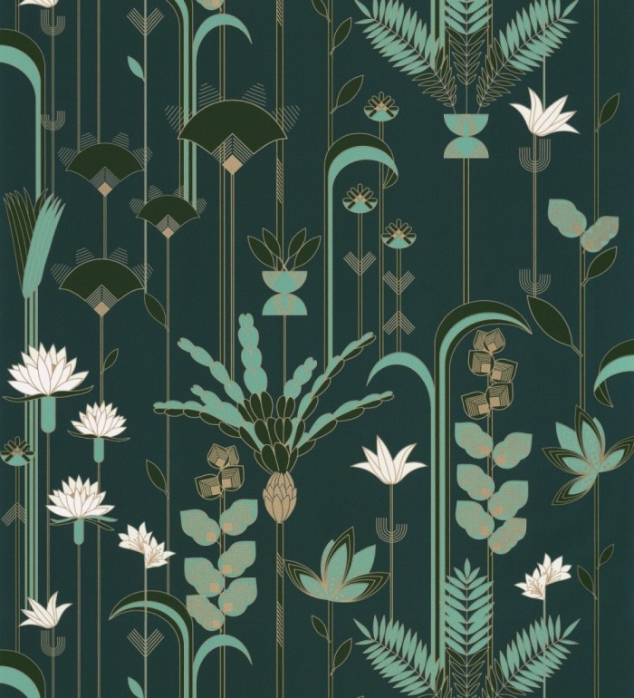 Papel pintado de flores y hojas art decó - Tokyo Garden 126827