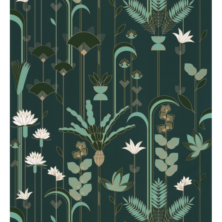 Papel pintado de flores y hojas art decó - Tokyo Garden 126827