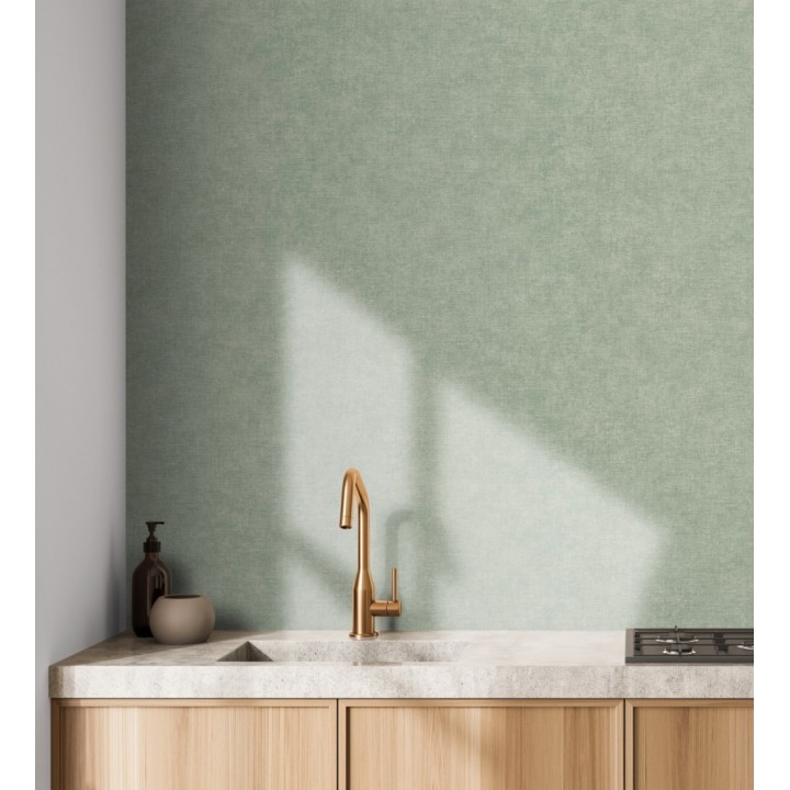 Papel pintado liso verde mineral efecto textil hilos de lino y algodón - Raffton Indigo 685315