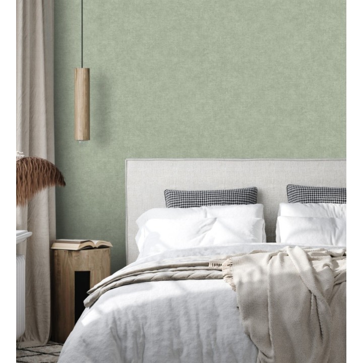 Papel pintado liso verde eucalipto efecto textil hilos de lino y algodón - Raffton Indigo 685317
