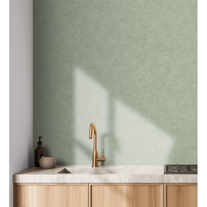 Papel pintado liso verde eucalipto efecto textil hilos de lino y algodón - Raffton Indigo 685317