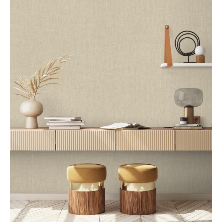 Papel pintado liso de microfibras textiles naturales beige arena - Melbourne Linen 685331