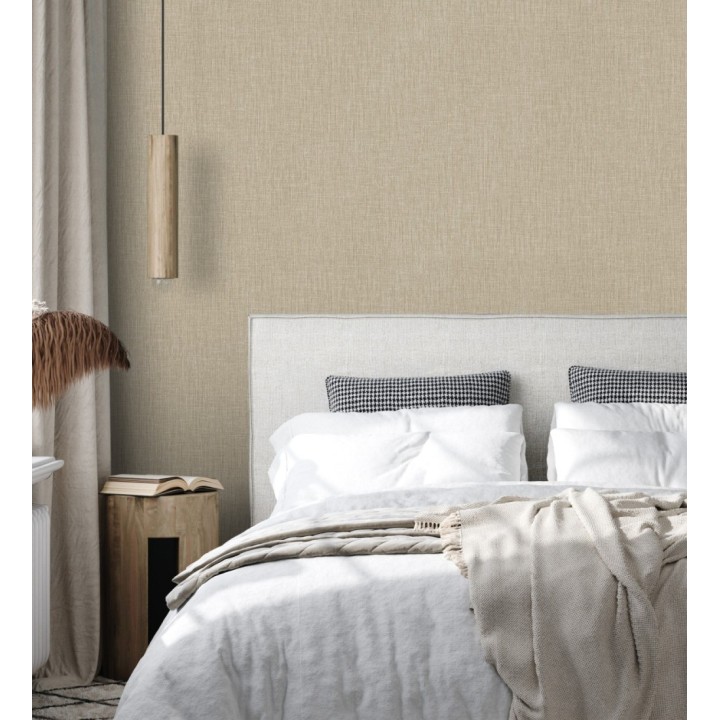 Papel pintado liso de microfibras textiles naturales tono yute - Melbourne Linen 685341
