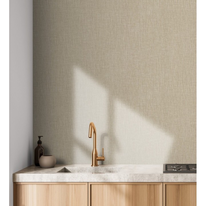 Papel pintado liso de microfibras textiles naturales tono yute - Melbourne Linen 685341