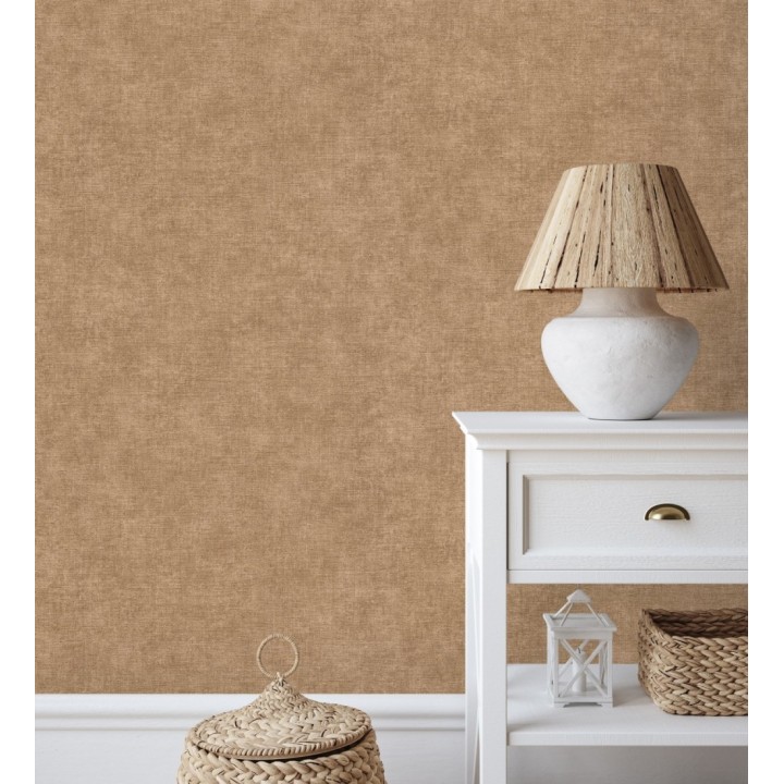 Papel pintado liso marrón camel efecto textil hilos de lino y algodón - Raffton Clay 685350